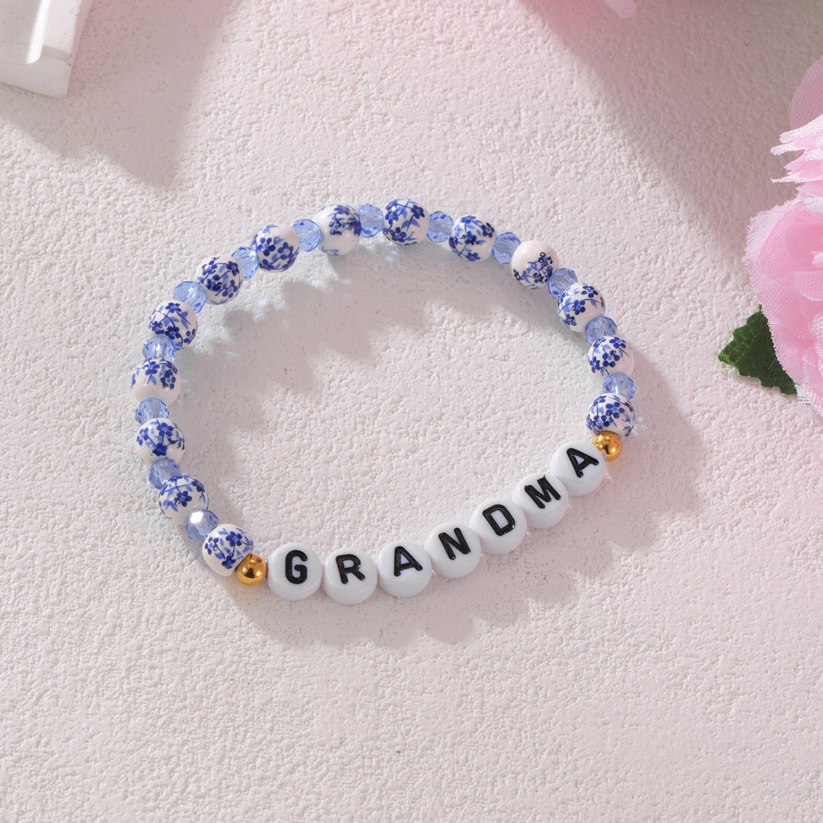 Wholesale Stainless Steel Love Acrylic Alphanumeric Small Gold Beads Blue and White Porcelain Beaded Valentine's Day Bracelet